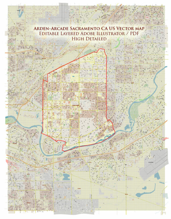Arden-Arcade Sacramento California USA Map Vector Exact City Plan High Detailed Street Map editable Adobe Illustrator in layers