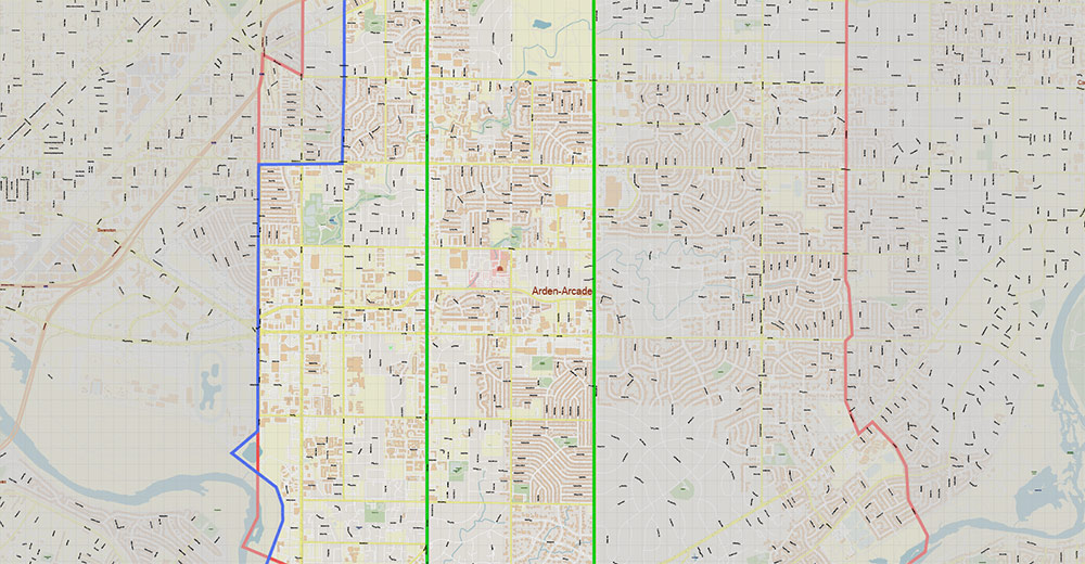 Arden-Arcade Sacramento California USA Map Vector Exact City Plan High Detailed Street Map editable Adobe Illustrator in layers