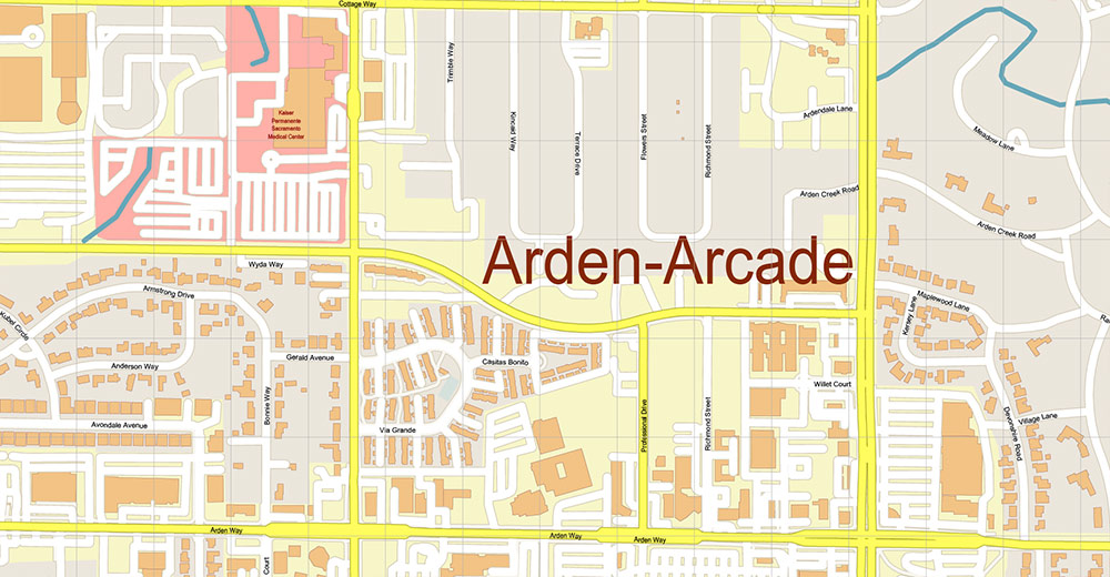 Arden-Arcade Sacramento California USA Map Vector Exact City Plan High Detailed Street Map editable Adobe Illustrator in layers