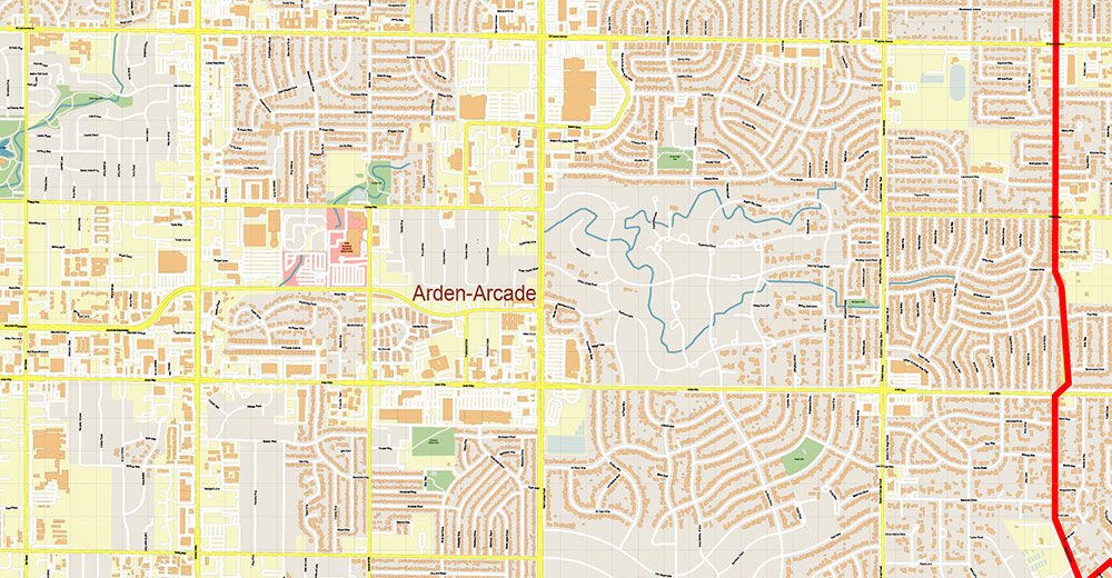 Arden-Arcade Sacramento California USA Map Vector Exact City Plan High Detailed Street Map editable Adobe Illustrator in layers