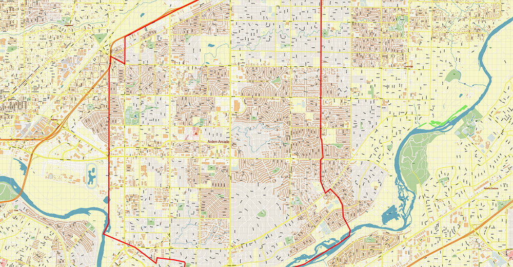 Arden-Arcade Sacramento California USA Map Vector Exact City Plan High Detailed Street Map editable Adobe Illustrator in layers