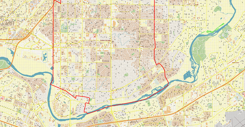 Arden-Arcade Sacramento California USA Map Vector Exact City Plan High Detailed Street Map editable Adobe Illustrator in layers