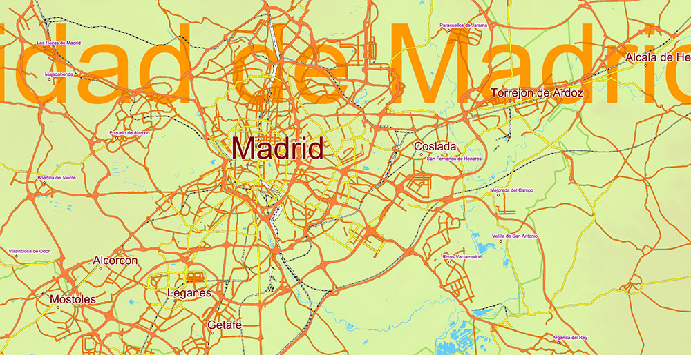 Spain Vector Map - Main Roads, Colored Relief and Admin High Detailed Map, printable vector map Adobe Illustrator editable Layered