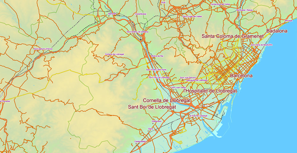 Spain Vector Map - Main Roads, Colored Relief and Admin High Detailed Map, printable vector map Adobe Illustrator editable Layered