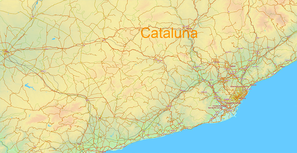 Spain Vector Map - Main Roads, Colored Relief and Admin High Detailed Map, printable vector map Adobe Illustrator editable Layered
