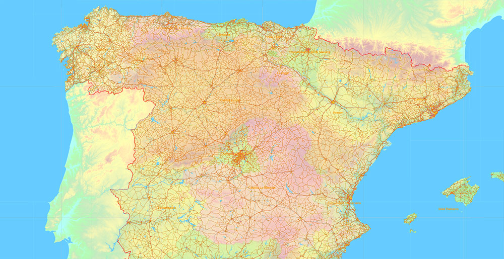 Spain Vector Map - Main Roads, Colored Relief and Admin High Detailed Map, printable vector map Adobe Illustrator editable Layered