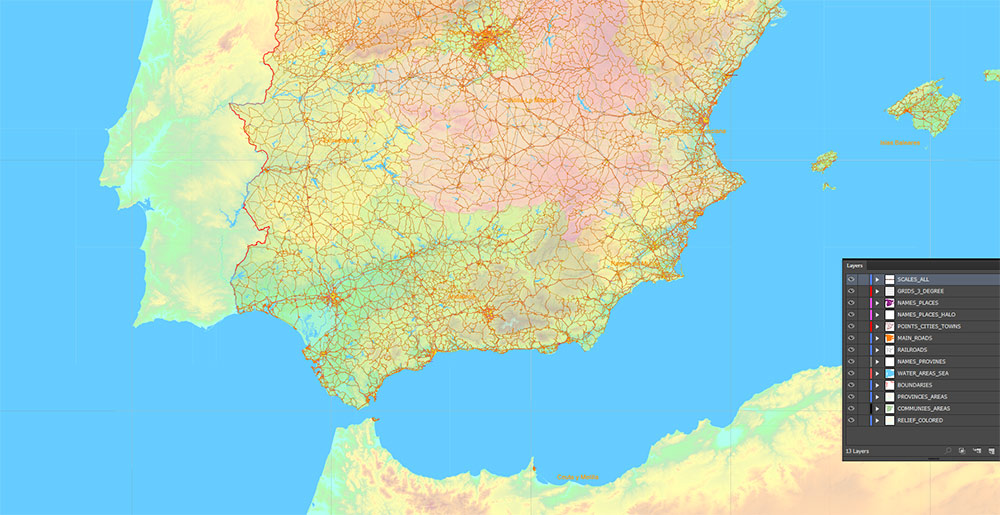 Spain Vector Map - Main Roads, Colored Relief and Admin High Detailed Map, printable vector map Adobe Illustrator editable Layered