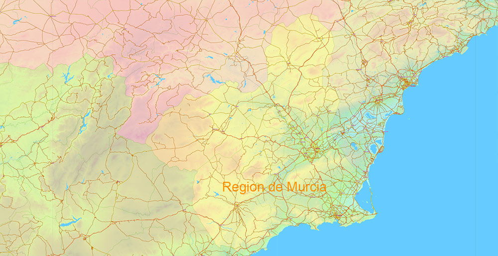 Spain Vector Map - Main Roads, Colored Relief and Admin High Detailed Map, printable vector map Adobe Illustrator editable Layered