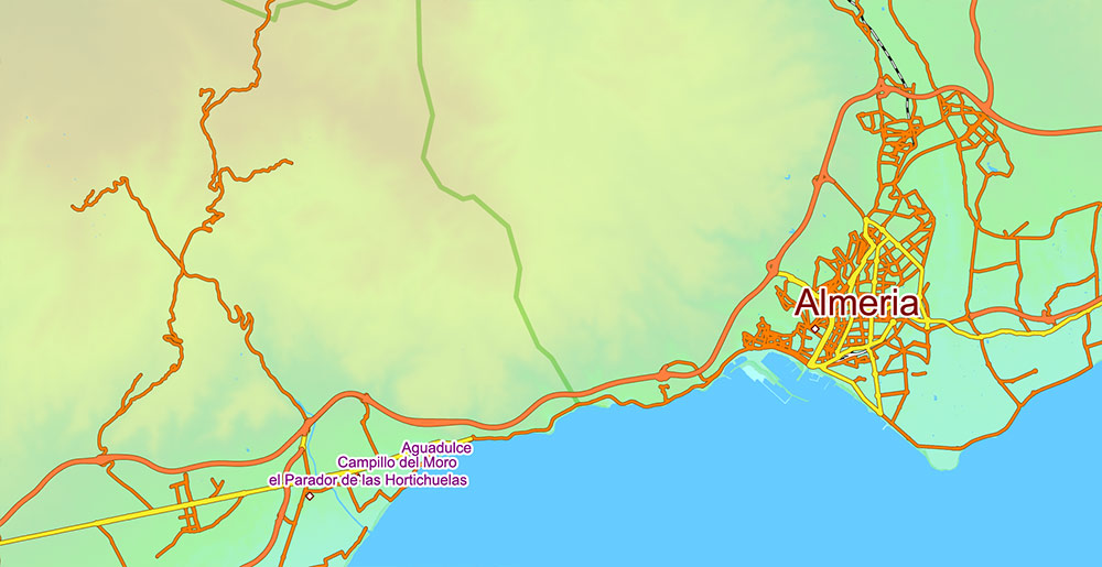 Spain Vector Map - Main Roads, Colored Relief and Admin High Detailed Map, printable vector map Adobe Illustrator editable Layered