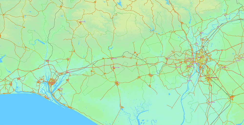 Spain Vector Map - Main Roads, Colored Relief and Admin High Detailed Map, printable vector map Adobe Illustrator editable Layered