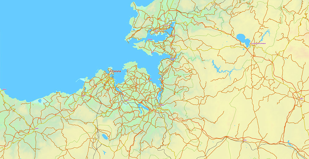 Spain Vector Map - Main Roads, Colored Relief and Admin High Detailed Map, printable vector map Adobe Illustrator editable Layered