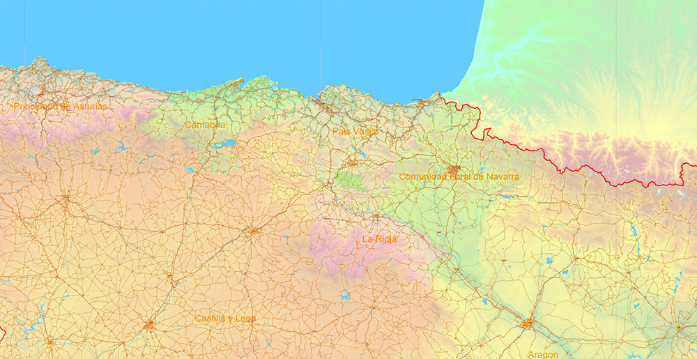 Spain Vector Map - Main Roads, Colored Relief and Admin High Detailed Map, printable vector map Adobe Illustrator editable Layered