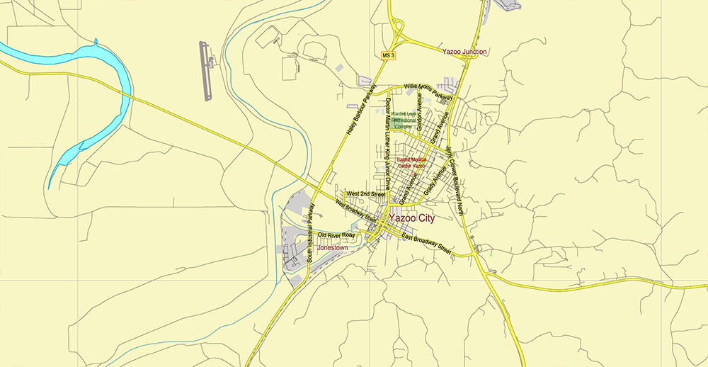 Mississippi - Louisiana - Arkansas USA Tornado Area Vector Map: high detailed road map + Shaded Relief editable Adobe Illustrator