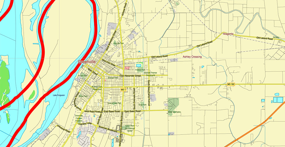 Mississippi - Louisiana - Arkansas USA Tornado Area Vector Map: high detailed road map + Shaded Relief editable Adobe Illustrator