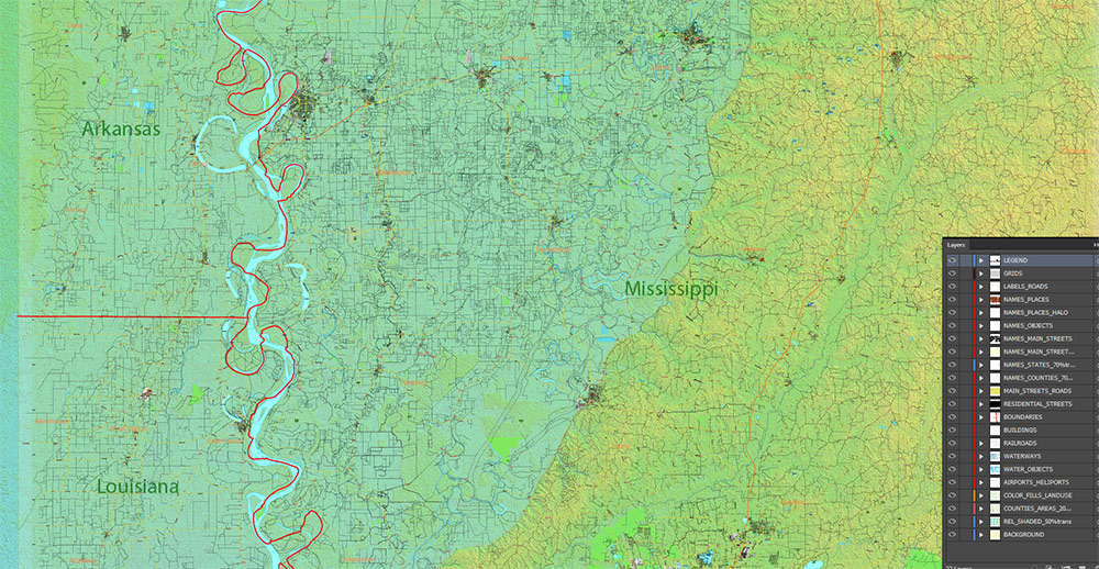 Mississippi - Louisiana - Arkansas USA Tornado Area Vector Map: high detailed road map + Shaded Relief editable Adobe Illustrator