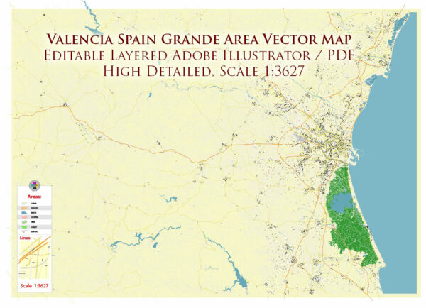 Valensia Spain Grande Area Map Vector Exact City Plan High Detailed Street Map editable Adobe Illustrator in layers