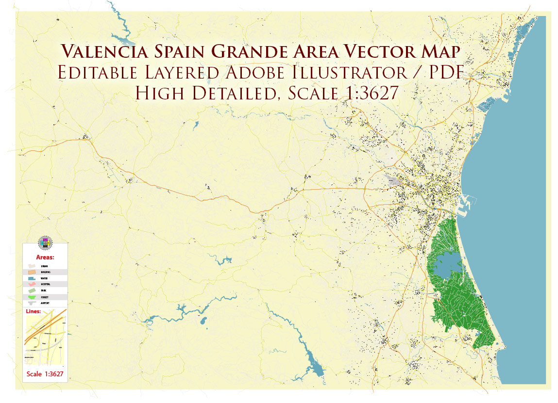 Valensia Spain Grande Area Map Vector Exact City Plan High Detailed Street Map editable Adobe Illustrator in layers