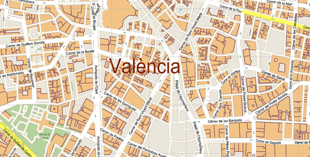 Valensia Spain Grande Area Map Vector Exact City Plan High Detailed Street Map editable Adobe Illustrator in layers