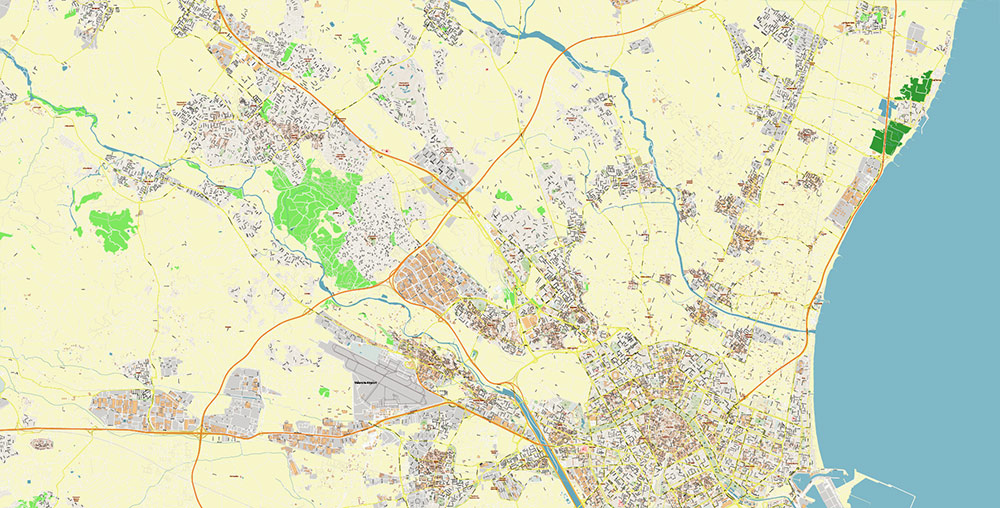Valensia Spain Grande Area Map Vector Exact City Plan High Detailed Street Map editable Adobe Illustrator in layers