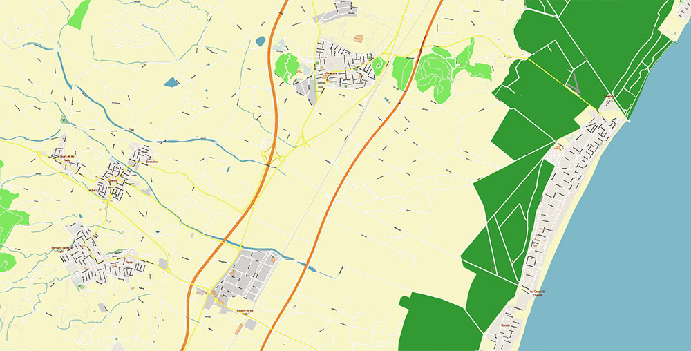 Valensia Spain Grande Area Map Vector Exact City Plan High Detailed Street Map editable Adobe Illustrator in layers