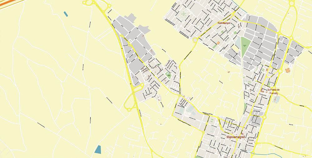 Valensia Spain Grande Area Map Vector Exact City Plan High Detailed Street Map editable Adobe Illustrator in layers