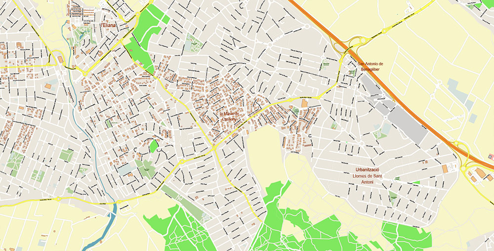 Valensia Spain Grande Area Map Vector Exact City Plan High Detailed Street Map editable Adobe Illustrator in layers