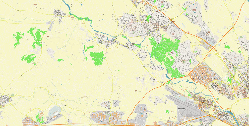 Valensia Spain Grande Area Map Vector Exact City Plan High Detailed Street Map editable Adobe Illustrator in layers