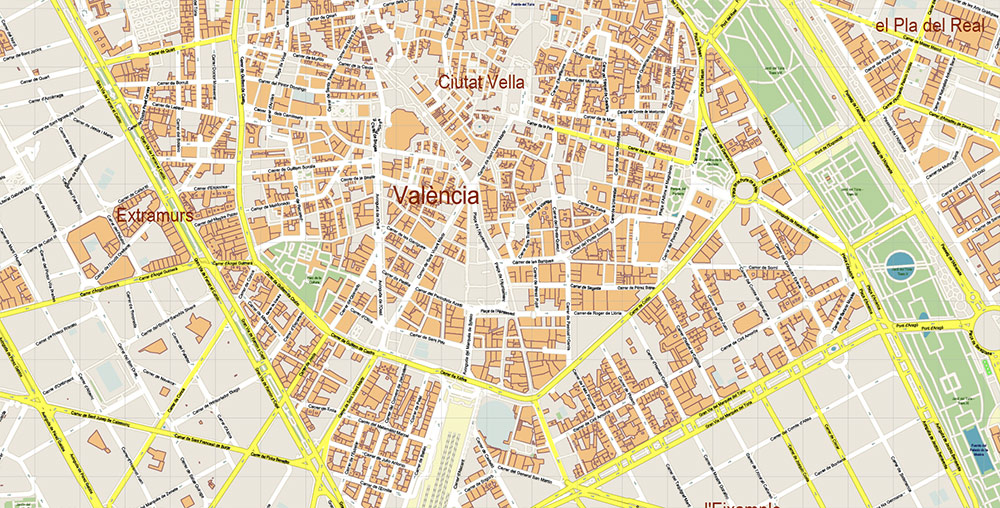 Valensia Spain Grande Area Map Vector Exact City Plan High Detailed Street Map editable Adobe Illustrator in layers