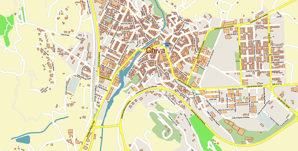 Valensia Spain Grande Area Map Vector Exact City Plan High Detailed Street Map editable Adobe Illustrator in layers