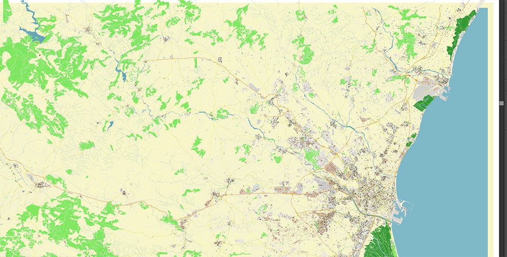 Valensia Spain Grande Area Map Vector Exact City Plan High Detailed Street Map editable Adobe Illustrator in layers