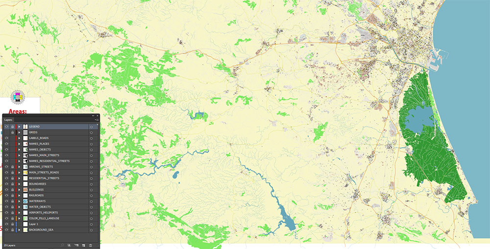 Valensia Spain Grande Area Map Vector Exact City Plan High Detailed Street Map editable Adobe Illustrator in layers