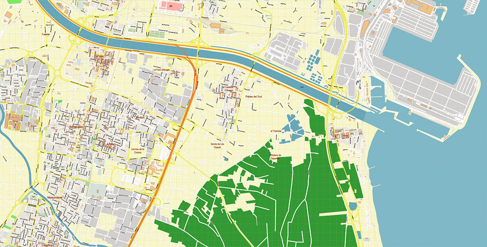 Valensia Spain Grande Area Map Vector Exact City Plan High Detailed Street Map editable Adobe Illustrator in layers