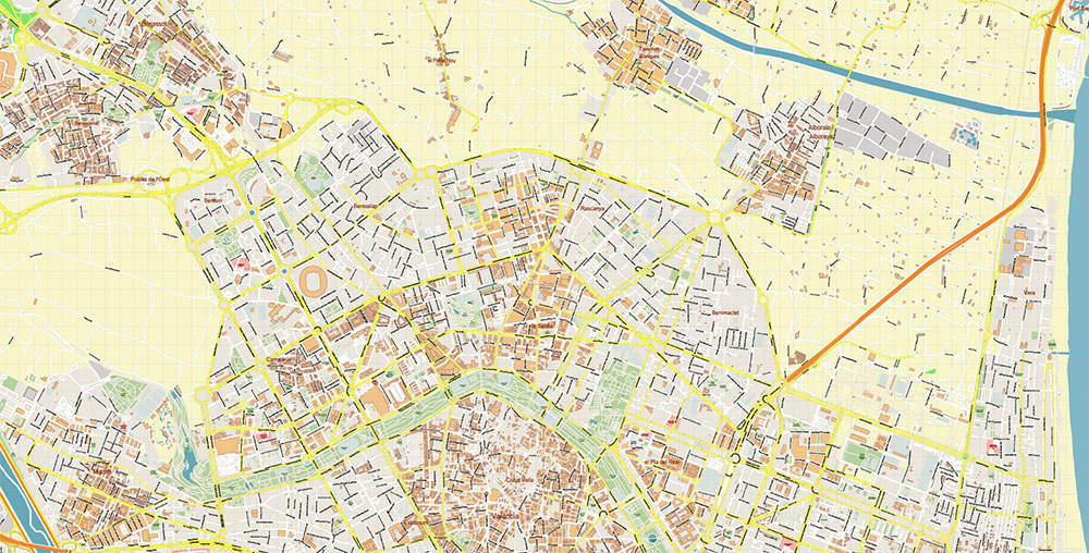 Valensia Spain Grande Area Map Vector Exact City Plan High Detailed Street Map editable Adobe Illustrator in layers