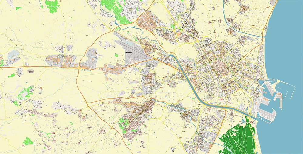 Valensia Spain Grande Area Map Vector Exact City Plan High Detailed Street Map editable Adobe Illustrator in layers