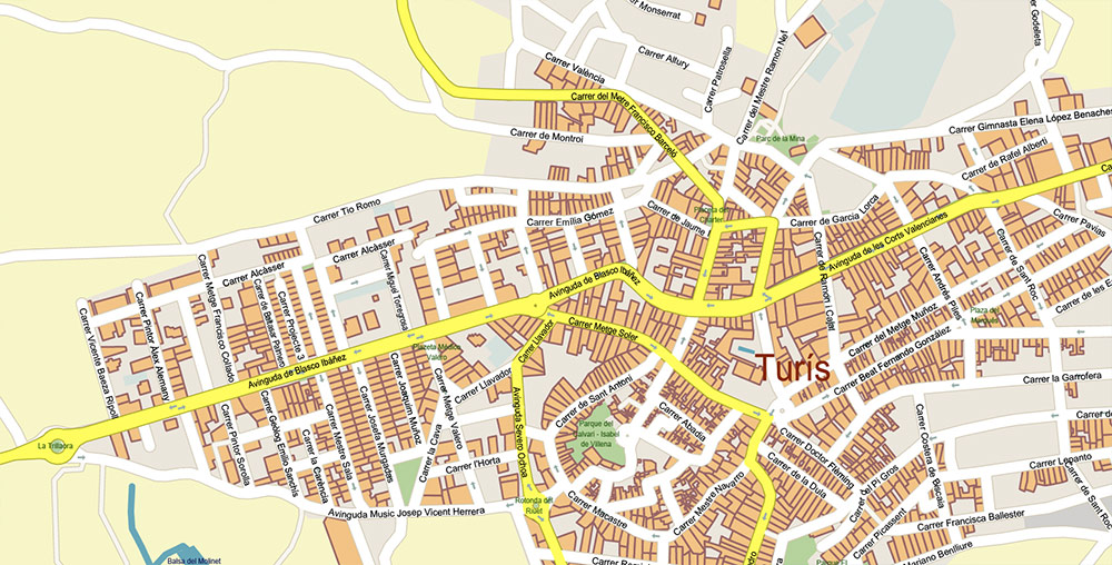 Valensia Spain Grande Area Map Vector Exact City Plan High Detailed Street Map editable Adobe Illustrator in layers