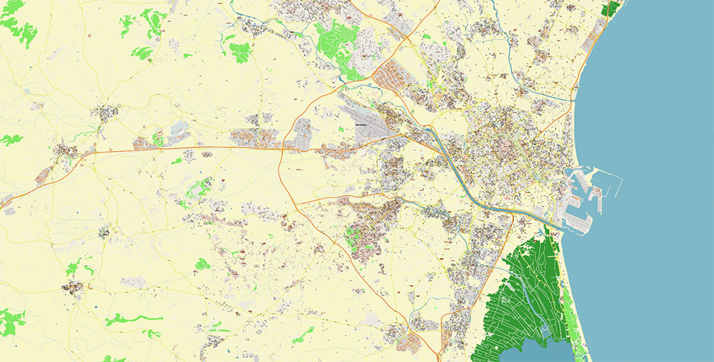 Valensia Spain Grande Area Map Vector Exact City Plan High Detailed Street Map editable Adobe Illustrator in layers