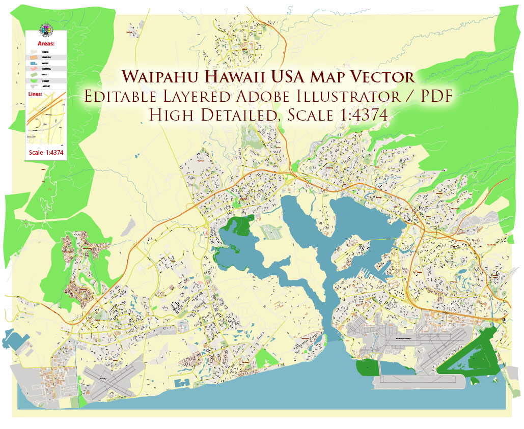 Waipahu Hawaii USA Map Vector Exact City Plan High Detailed Street Map editable Adobe Illustrator in layers