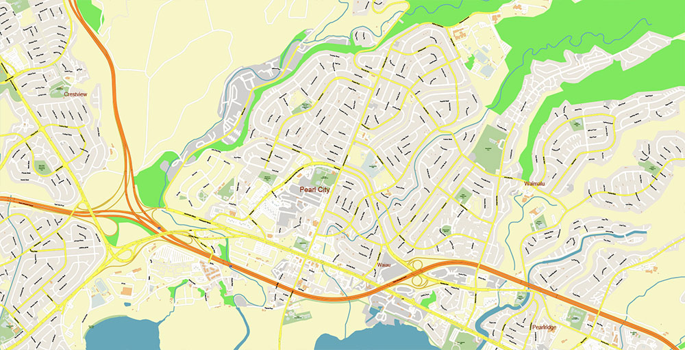 Waipahu Hawaii USA Map Vector Exact City Plan High Detailed Street Map editable Adobe Illustrator in layers