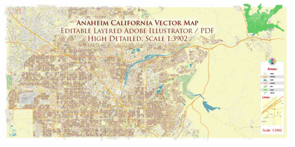 Anaheim California USA Map Vector Exact City Plan High Detailed Street Map editable Adobe Illustrator in layers