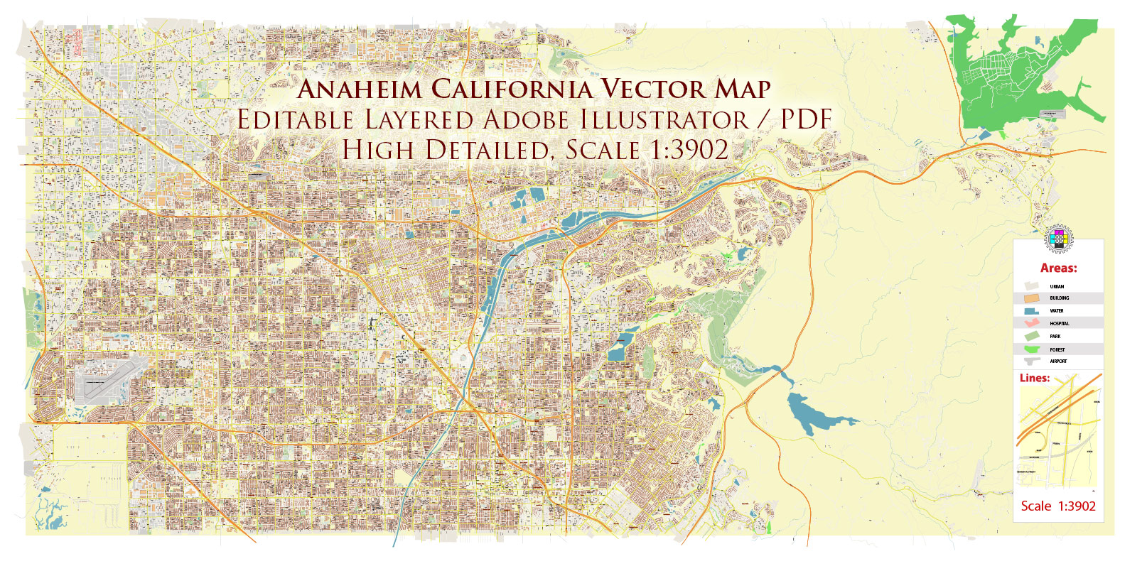 Anaheim California USA Map Vector Exact City Plan High Detailed Street Map editable Adobe Illustrator in layers
