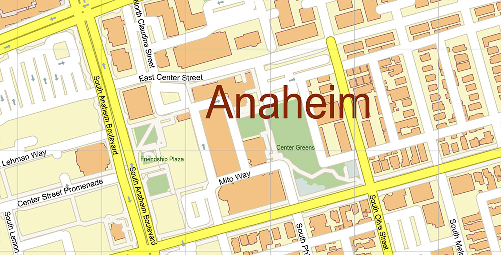 Anaheim California USA Map Vector Exact City Plan High Detailed Street Map editable Adobe Illustrator in layers