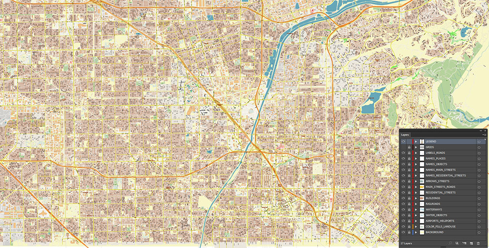 Anaheim California USA Map Vector Exact City Plan High Detailed Street Map editable Adobe Illustrator in layers