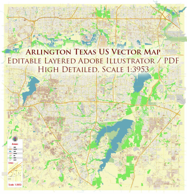 Arlington Texas USA Map Vector Exact City Plan High Detailed Street Map editable Adobe Illustrator in layers