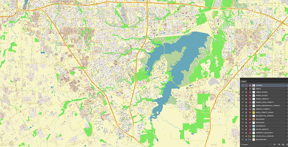 Arlington Texas USA Map Vector Exact City Plan High Detailed Street Map editable Adobe Illustrator in layers