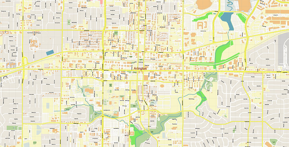 Arlington Texas USA Map Vector Exact City Plan High Detailed Street Map editable Adobe Illustrator in layers
