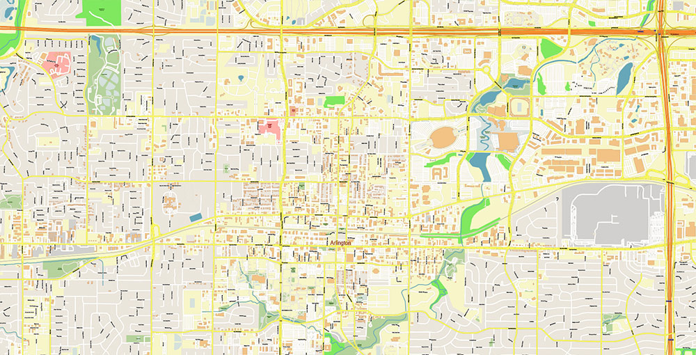 Arlington Texas USA Map Vector Exact City Plan High Detailed Street Map editable Adobe Illustrator in layers