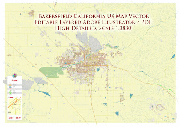 Bakersfield California USA Map Vector Exact City Plan High Detailed Street Map editable Adobe Illustrator in layers