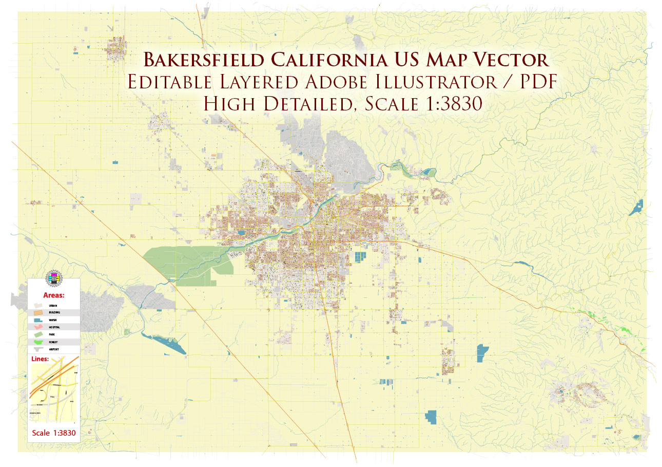 Bakersfield California USA Map Vector Exact City Plan High Detailed Street Map editable Adobe Illustrator in layers