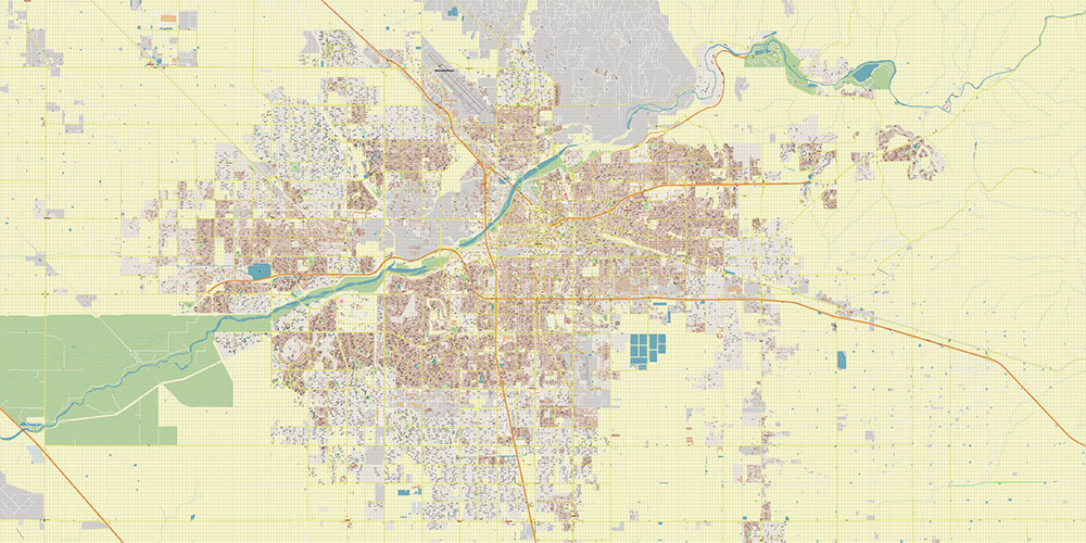 Bakersfield California USA Map Vector Exact City Plan High Detailed Street Map editable Adobe Illustrator in layers
