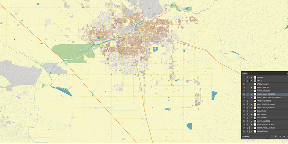 Bakersfield California USA Map Vector Exact City Plan High Detailed Street Map editable Adobe Illustrator in layers
